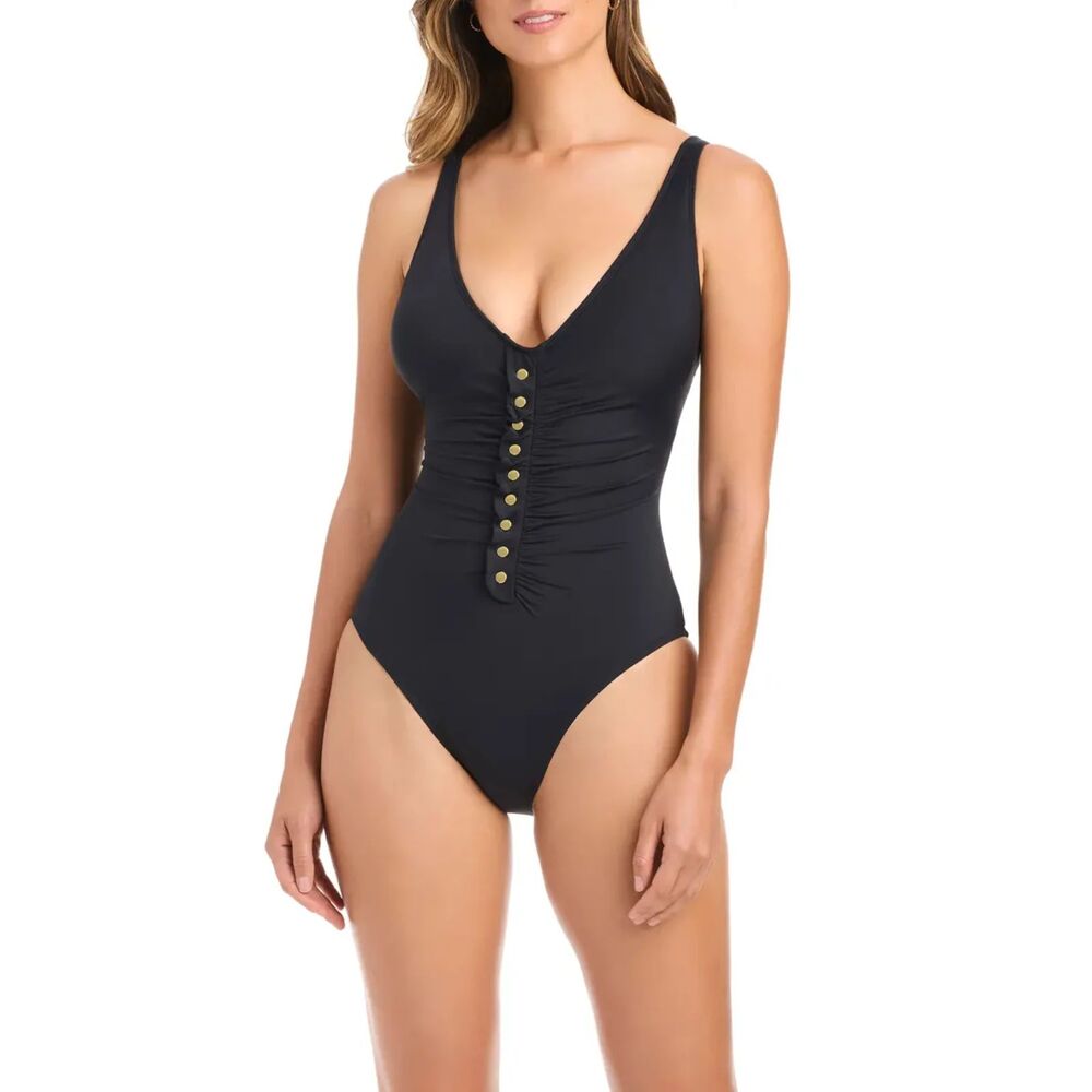 Bleu Rod Beattie Ruffled Snap Down One Piece Swimsuit Black Size 12